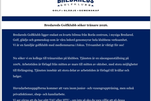 Vi söker tränarkollega till 2026